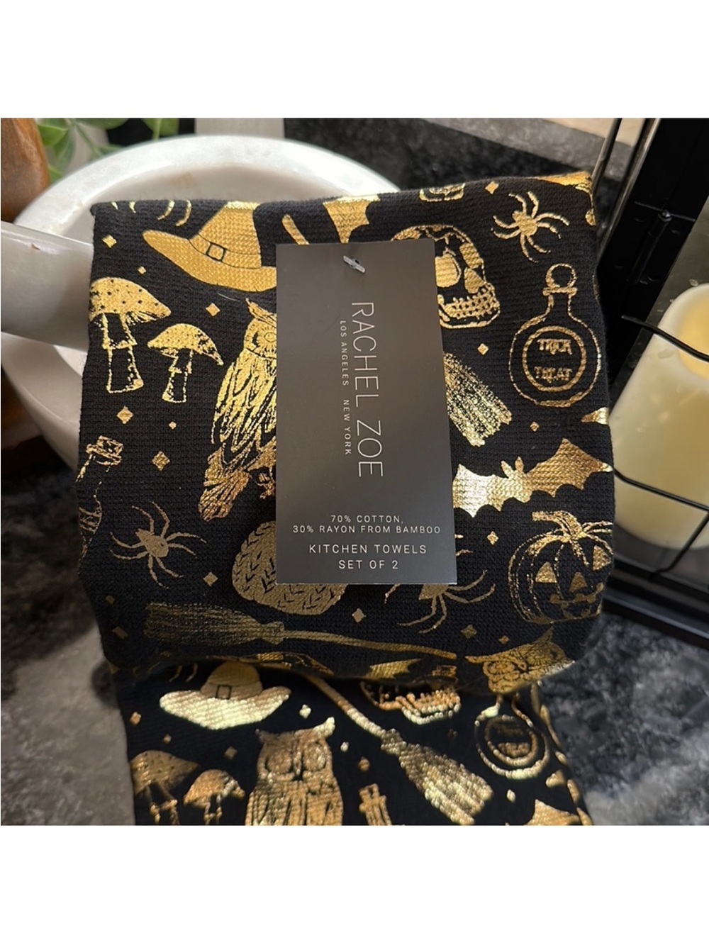 Rachel Zoe Black and Gold Halloween-Themed Kitchen Towel